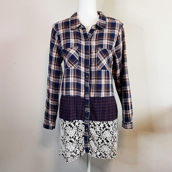 A’reve Long Sleeve Mixed Media Boho Prairie Tunic Flannel Shirt - Picture 1 of 9